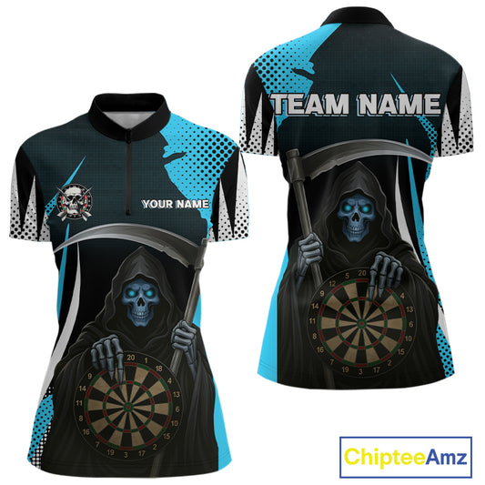 Personalized Blue Grim Reaper Dart Shirt For Women Custom Skull Dart Jerseys Team Polo & 1/4 Zip TDM4210