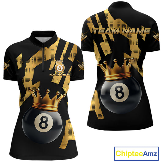 Black And Golden 8 Ball Crown Billiard Shirt For Women Custom Pool Team Jerseys Polo & Quarter Zip TDM4371