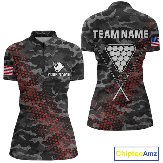 Personalized Red & Grey Camo Billiard Shirt For Women, 8 Ball Billiard Jersey Team Polo & 1/4 Zip TDM4431