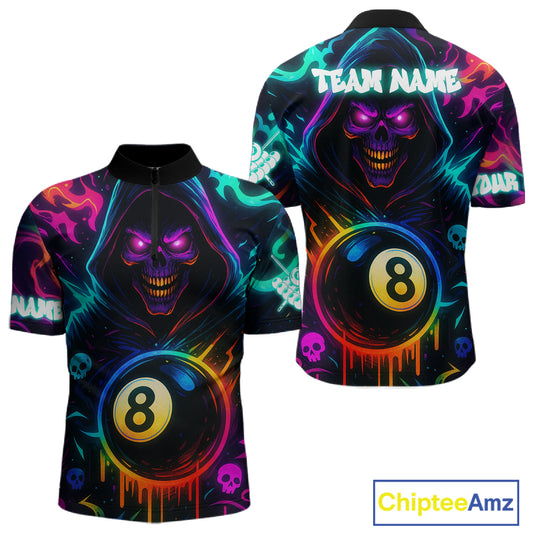 Colorful Neon Grim Reaper 8 Ball Pool Billiard Shirt For Men Custom Billiard Team Jersey TDM4668