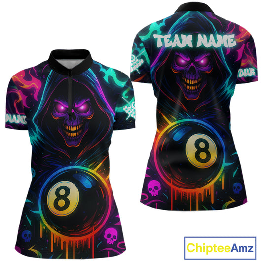 Colorful Neon Grim Reaper 8 Ball Pool Billiard Shirt For Women Custom Billiard Team Jersey TDM4668