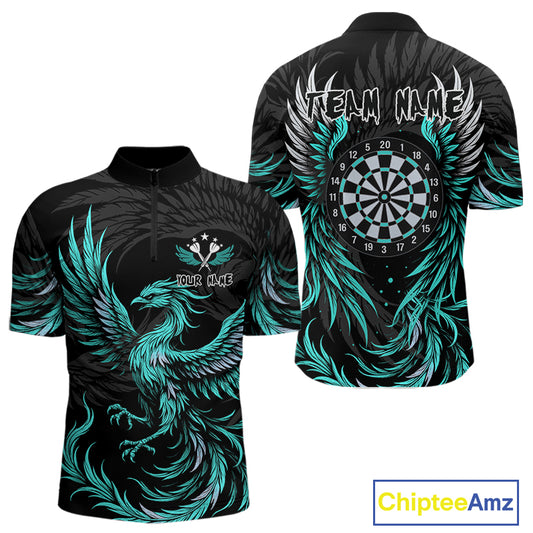 Personalized Phoenix Dartboard Wings Men's Dart Shirts Custom Black & Turquoise Darts Team Jerseys TDM4273