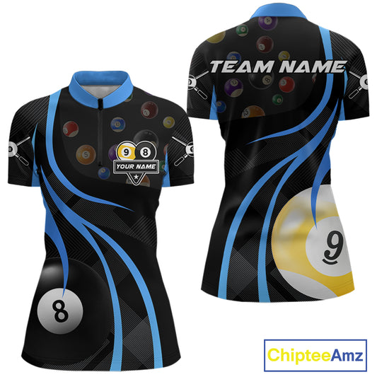 Personalized Billiard 8 Ball & 9 Ball Pool Shirt For Women, Billiard Jersey Team Polo & 1/4 Zip|Blue TDM4456