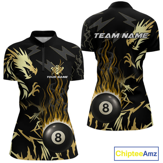 Black And Gold Flame 8 Ball Pool Shirt For Women Custom Dragon Billiards Team Jersey Polo & 1/4 Zip TDM4103