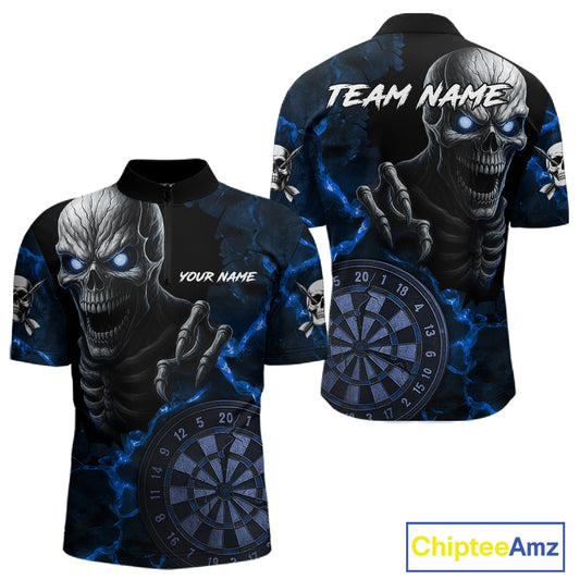 Personalized Skull Darts Polo & Quarter Zip For Men Custom Fire Darts League Team Jersey |Blue TDM4719