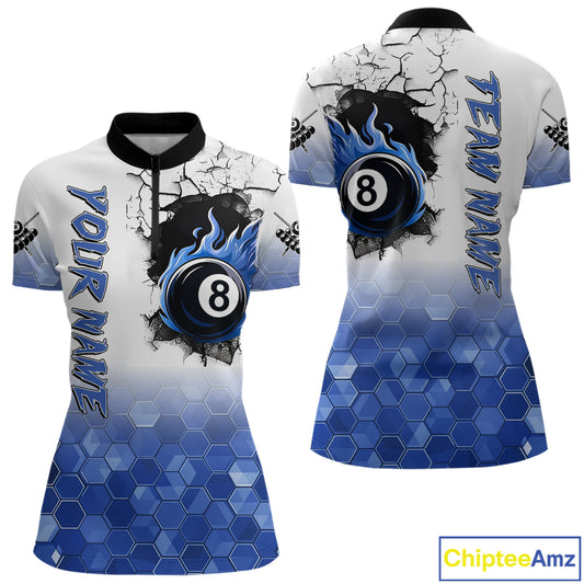 Custom White And Blue Hexagon 8 Ball Flame Billiard Shirt For Women, Funny Pool Team Jersey TDM4552