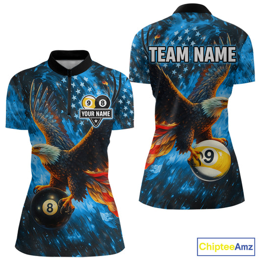 Personalized Blue Flaming US Flag 8 Ball & 9 Ball Eagle Billiard Shirt For Women, Pool Team Jersey TDM4260