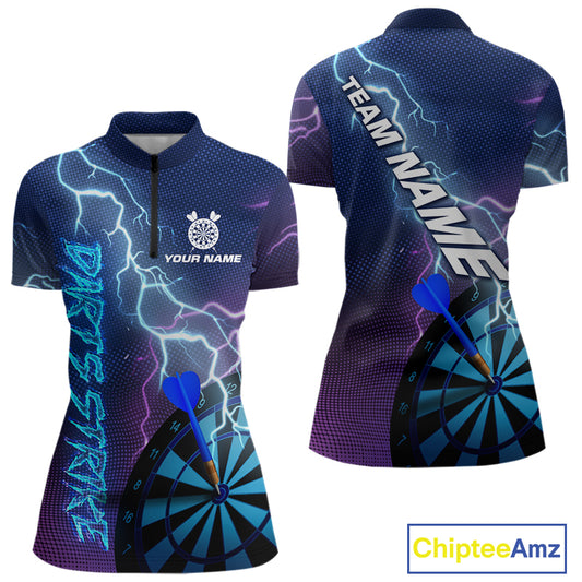 Custom Purple Blue Lightning Strike Dart Shirts For Women, Darts Team Jersey Polo & 1/4 Zip Outfit TDM4140