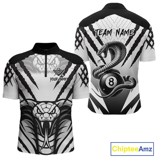 White Black Billiard Jersey Polo & 1/4 Zip Custom 8 Ball Cobra Snake Billiard Team Shirt For Men TDM4519