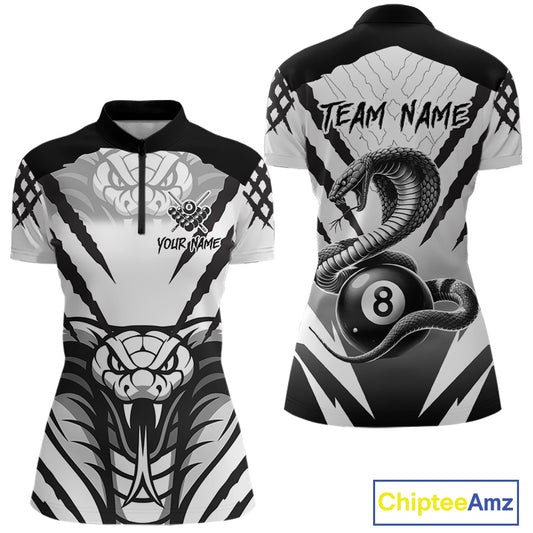 White Black Billiard Jersey Polo & 1/4 Zip Custom 8 Ball Cobra Snake Billiard Team Shirt For Women TDM4519