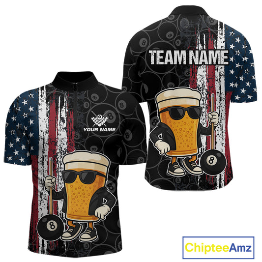 Vintage American Flag Funny Beer Billiard Shirt For Men Custom Patriotic 8 Ball Pool Team Jersey TDM5426