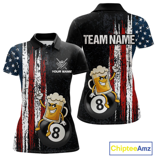 Funny Beer American Flag 8 Ball Billiard Shirt For Women Custom Pool Team Jersey Polo & 1/4 Zip TDM5947