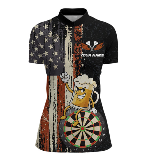 Vintage American Flag Funny Beer Darts Shirt For Women Custom Darts Jersey Team Polo & 1/4 Zip TDM5950