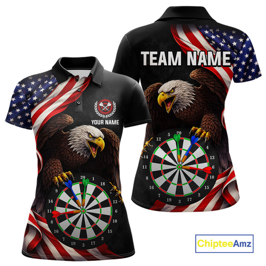 Personalized Eagle American Flag Darts Shirt For Women, Patriotic Darts Team Jersey Polo & 1/4 Zip TDM6114