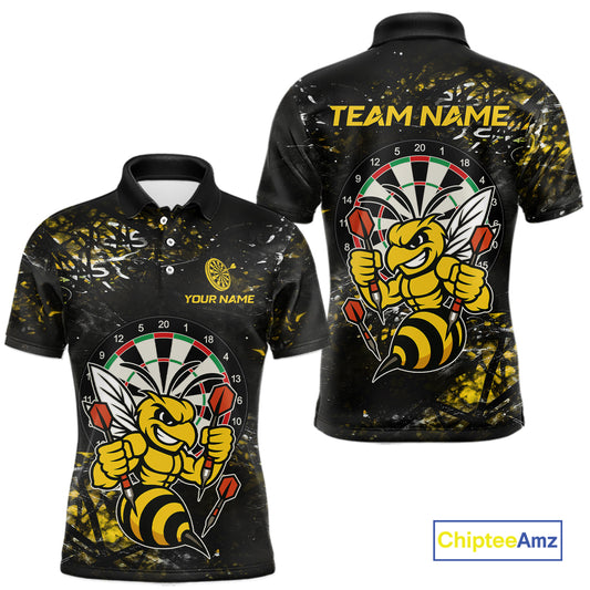 Yellow Grunge Funny Bee Darts Shirt For Men Custom Darts Jersey Team Polo & 1/4 Zip, Darts Gifts TDM6374