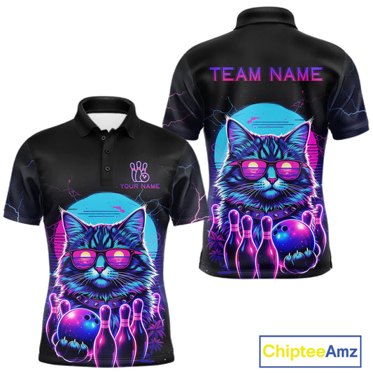 Funny Cat Retro Neon Bowling Shirt For Men Custom Bowling Team Jersey Polo & Quarter Zip TDM5817