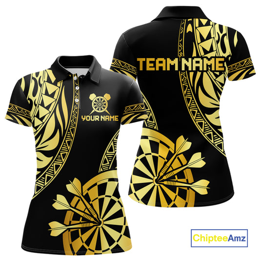 Black and gold tribal darts polo shirt for women with custom player name and team name.