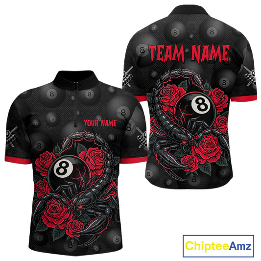 Black Red 8 Ball Scorpion Roses Billiard Shirt For Men Custom Pool Team Shirt, Billiard Jersey TDM5345