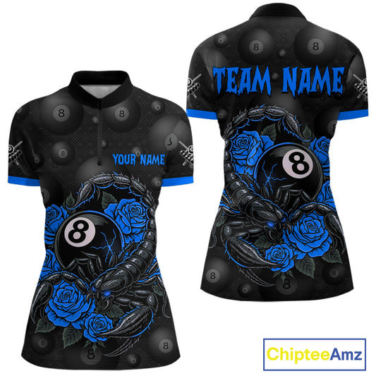 Black Blue 8 Ball Scorpion Roses Billiard Shirt For Women Custom Pool Team Shirt, Billiard Jersey TDM5346