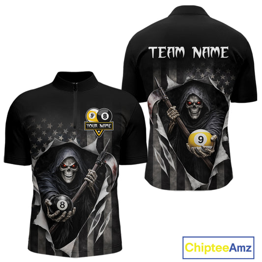 Grim Reaper 8 Ball & 9 Ball US Flag Billiard Shirt For Men Custom Pool Team Jersey Polo & 1/4 Zip TDM5639