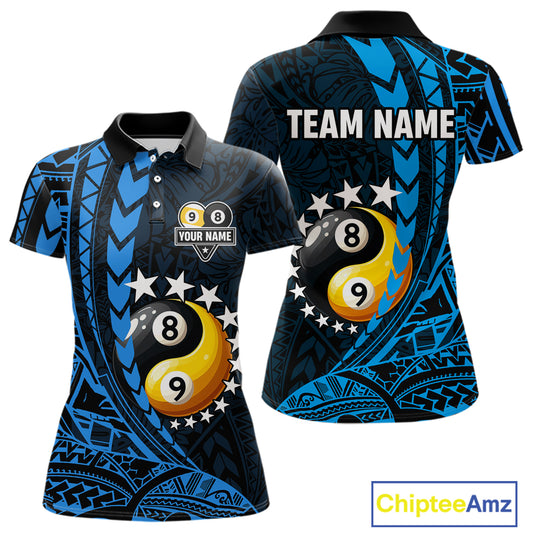 Custom Blue Tribal 8 Ball & 9 Ball Yin And Yang Billiard Shirt For Women, Funny Pool Team Jersey TDM5845