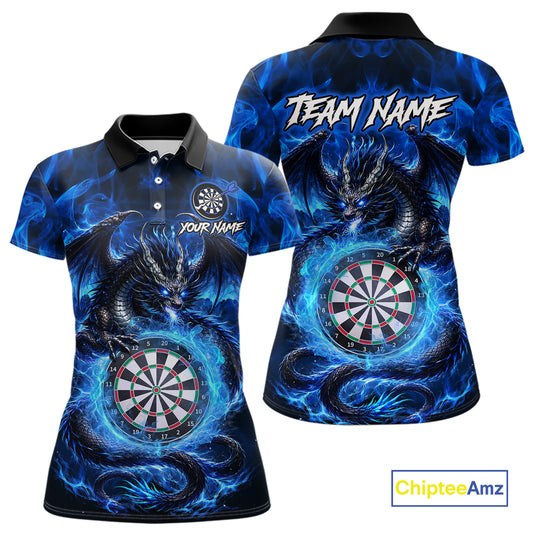 Personalized blue flame dragon darts polo shirt for women with vibrant fire and dragon inspired design.