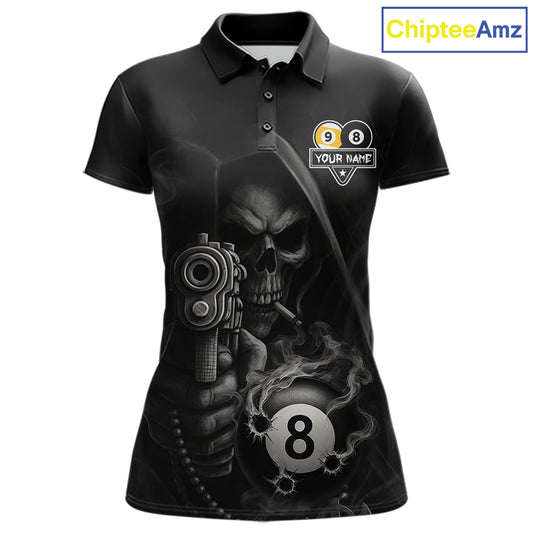 Custom Grim Reaper 8 Ball & 9 Ball Smoke Billiard Shirt For Women, Pool Team Jersey Polo & 1/4 Zip TDM6496