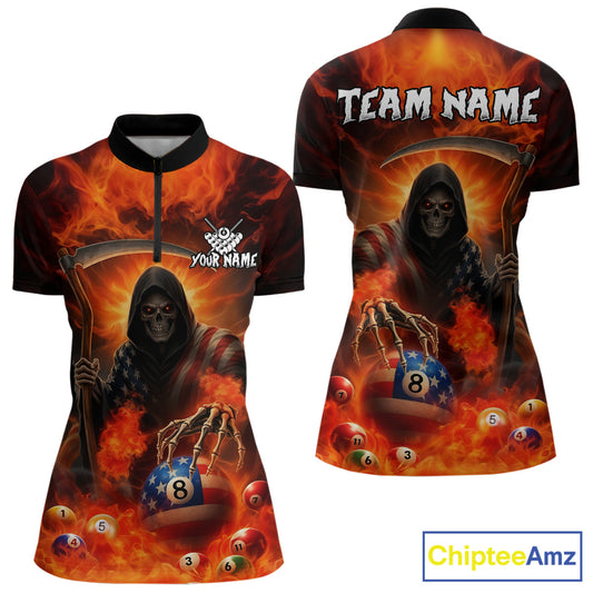 Orange Fire Flame US Flag Grim Reaper Women's Billiards Shirts Custom 8 Ball Pool Team Jersey TDM5200