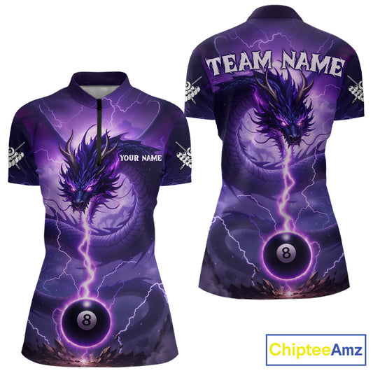 Purple 8 Ball Lightning Dragon Billiard Jersey For Women Custom Pool Team Shirt Polo & 1/4 Zip TDM5114