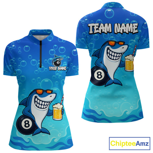 Blue Funny Shark 8 Ball Billiard Shirts For Women Custom Pool Team Shirt, Billiard Polo & 1/4 Zip TDM5134