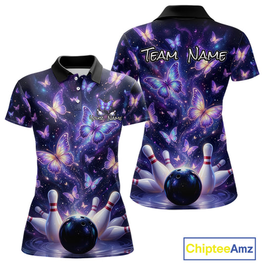 Custom Purple Butterfly Bowling Shirt For Women, Glowing Bowling Team Jersey Polo & 1/4 Zip TDM6225