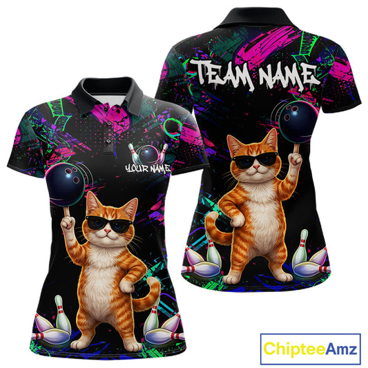 Personalized Funny Cat Graffiti Bowling Jersey For Women Custom Bowling Team Shirts Polo & 1/4 Zip TDM6457