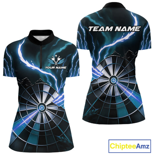 Personalized Blue Lightning Womens Dart Shirts Custom Glowing Darts Team Jersey Polo & 1/4 Zip TDM5161