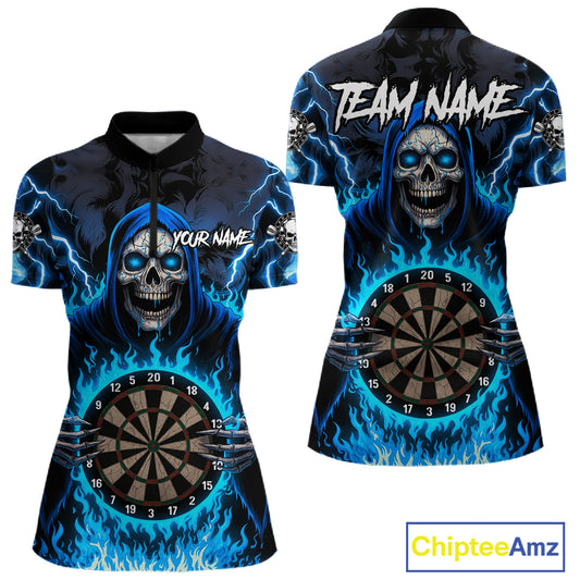 Blue Grim Reaper Thunder Lightning Womens Dart Shirts Custom Flame Dart Jerseys Team Polo & 1/4 Zip TDM5174