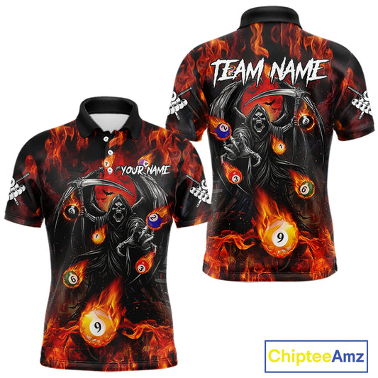 Orange Flaming Grim Reaper Billiard Shirt For Men Custom Fire Pool Team Jersey Polo & Quarter Zip TDM6077