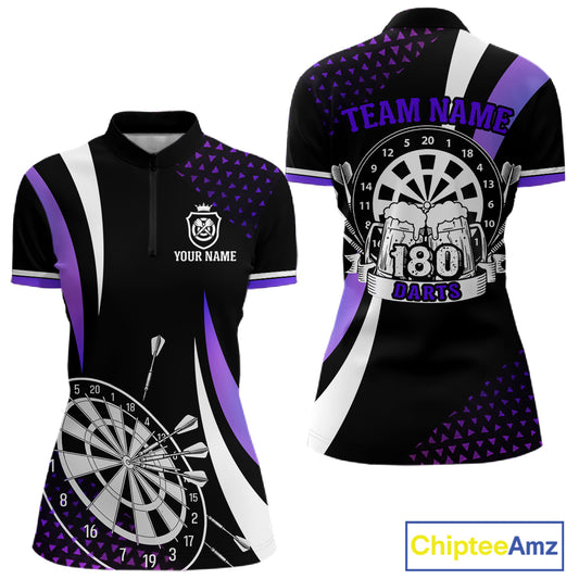 Funny Black And Purple 180 Darts Shirt For Women Custom Dartboard Jersey Team Polo & Quarter Zip TDM5090