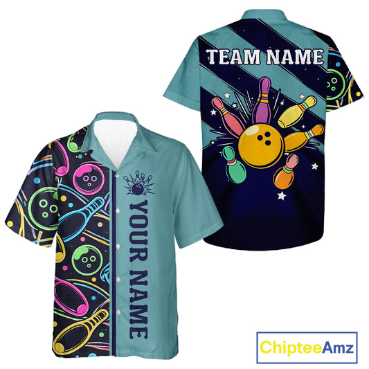 Personalized Funny Neon Bowling Hawaiian Shirt For Women Custom Retro Bowling Team Jersey |Teal TDM6187