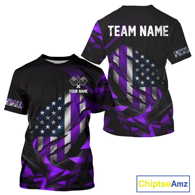 Custom Black & Purple Patriotic Pickleball Men T-Shirt US Flag Pickleball Jerseys NYN1570
