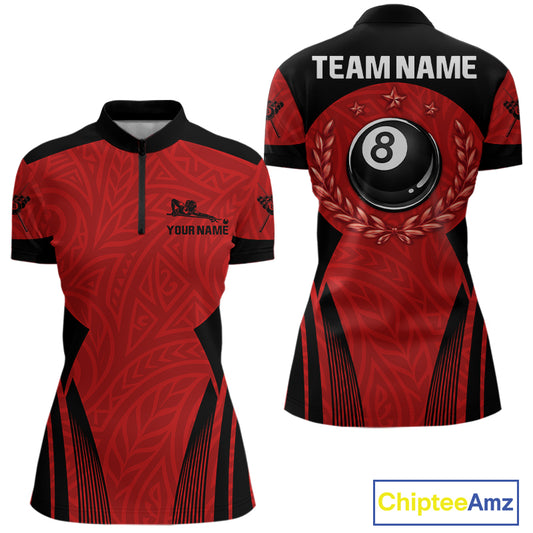 Red Tribal Ball Pool Women Billiard Polo & 1/4-Zip Attire Custom 8 Ball Billiard Team Shirt NYN2388