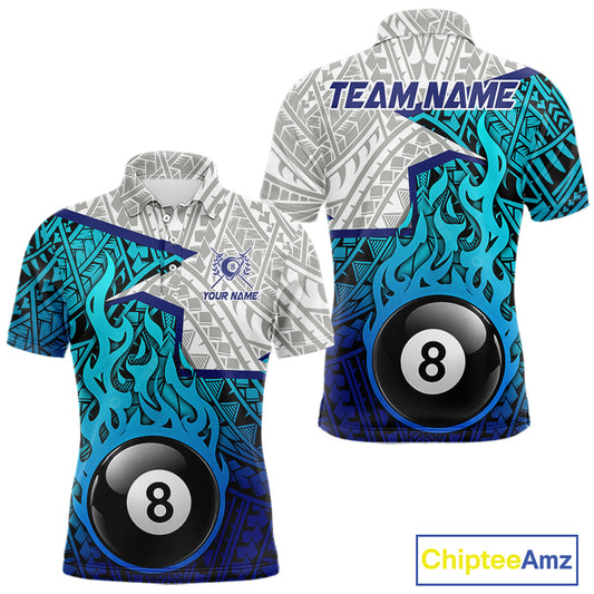 Billiards Pool Player White Blue Tribal Polo Quater-Zip Shirts For Men, Custom Billiard Team Jerseys NYN3015