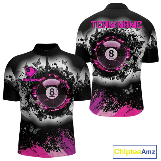 Black white pink billiard 8 ball pool shirt for men butterfly grunge billiard jersey