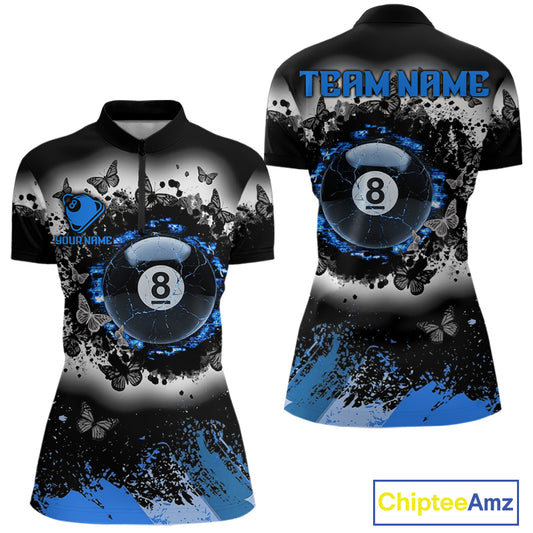 Black white blue billiard 8 ball pool shirt for women butterfly grunge billiard jersey