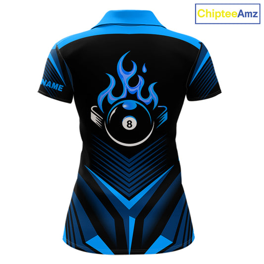 Blue Flaming 8 Ball Pool Polo & 1/4-Zip Team Shirt For Women Custom Billiards Ball Apparel NYN2465