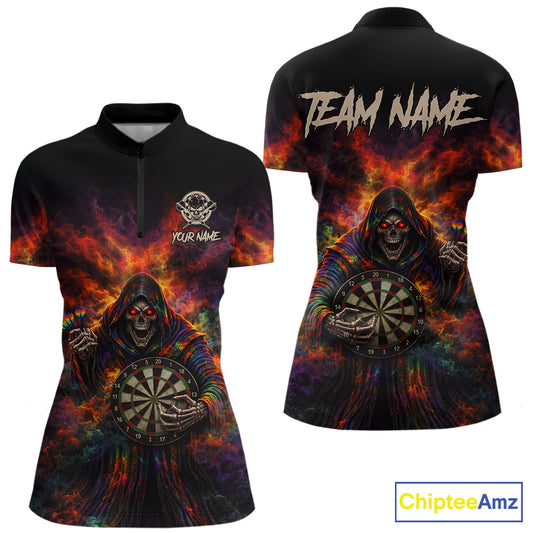 Colorful Smoke Horror Grim Reaper Dartboard Dart 1/4-Zip Shirts For Women Custom Dart Team Shirts NYN2677