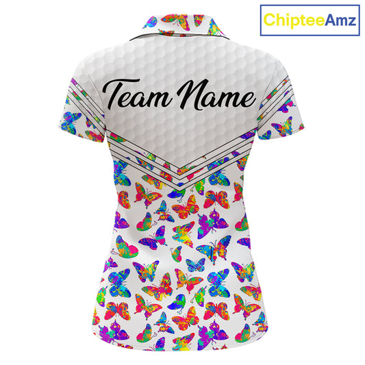 Butterfly Womens White Pattern Golf Polo Shirt Custom Name Floral Colorful Watercolor Golf Shirts NYN2846
