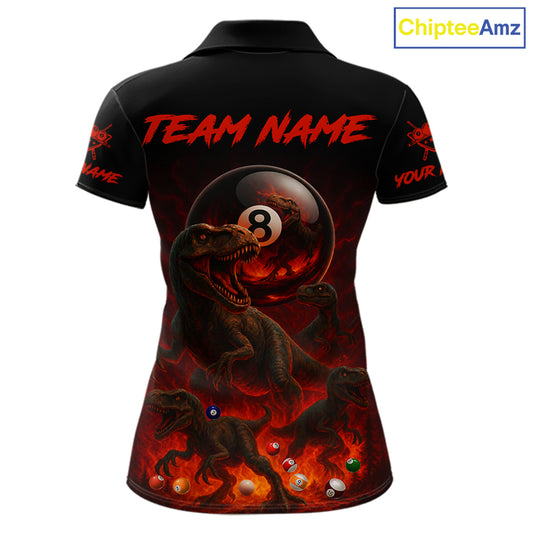 Fire Flame Dinosaur & Pool 8 Ball Women Billiard Team Shirt Custom Billiard Polo & 1/4-Zip Attire NYN2498