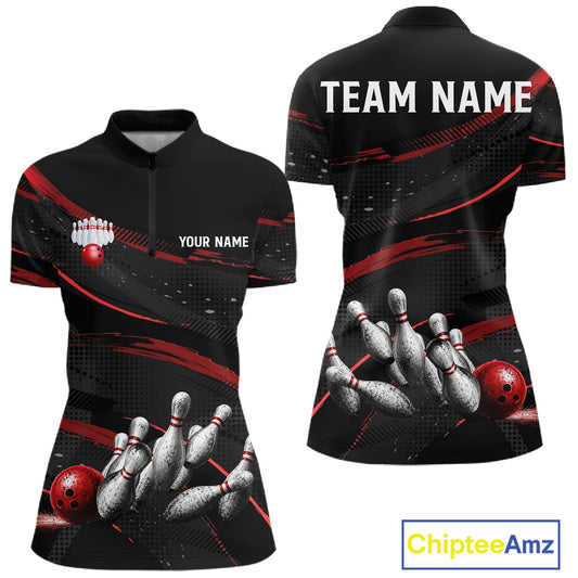 Black And Red Grunge Bowling Ball & Pins Jersey For Women Personalized Team Bowling Shirts NYN3227