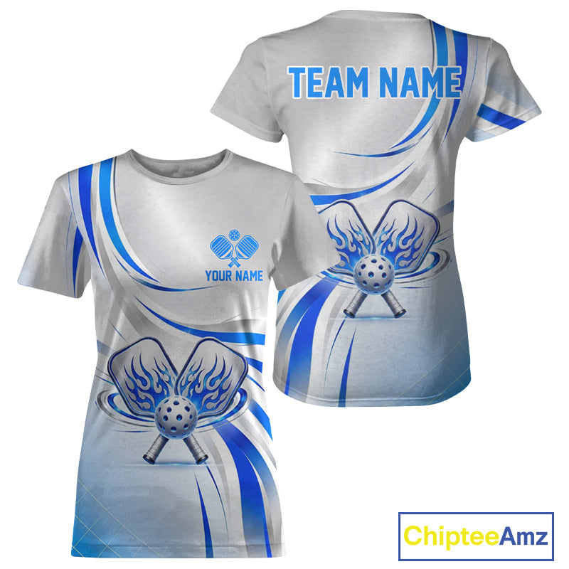 Blue And Silver Pickleball Custom Pickleball Team Shirts For Women, Flame Pickleball Paddles Jerseys NYN4109
