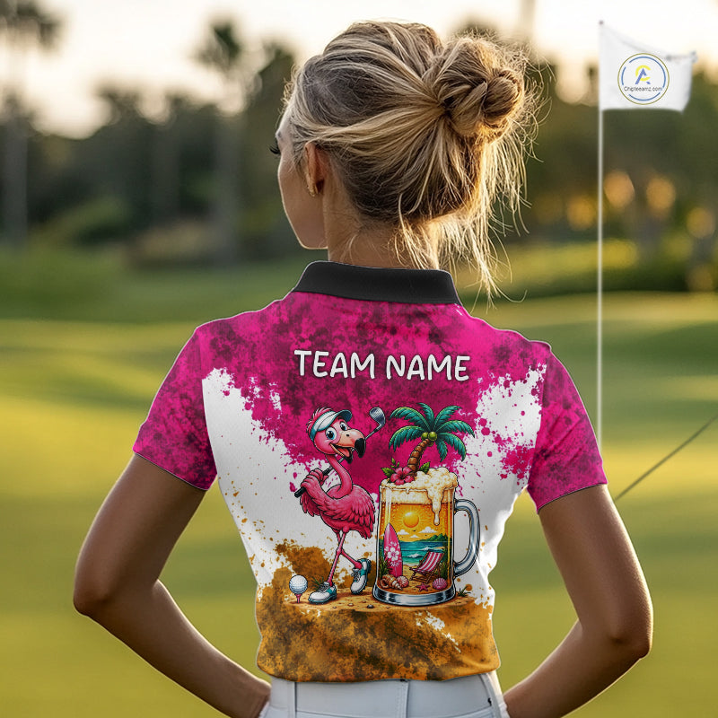 Yellow - Pink Grunge Womens Golf Polo Shirt Custom Flamingo Summer Tropical Golf Team Clothing NYN3263