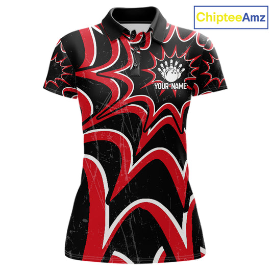 Funny Rabbit women's bowling polo shirt, personalized bowling team jersey, black red bowling apparel, bowling gift for women